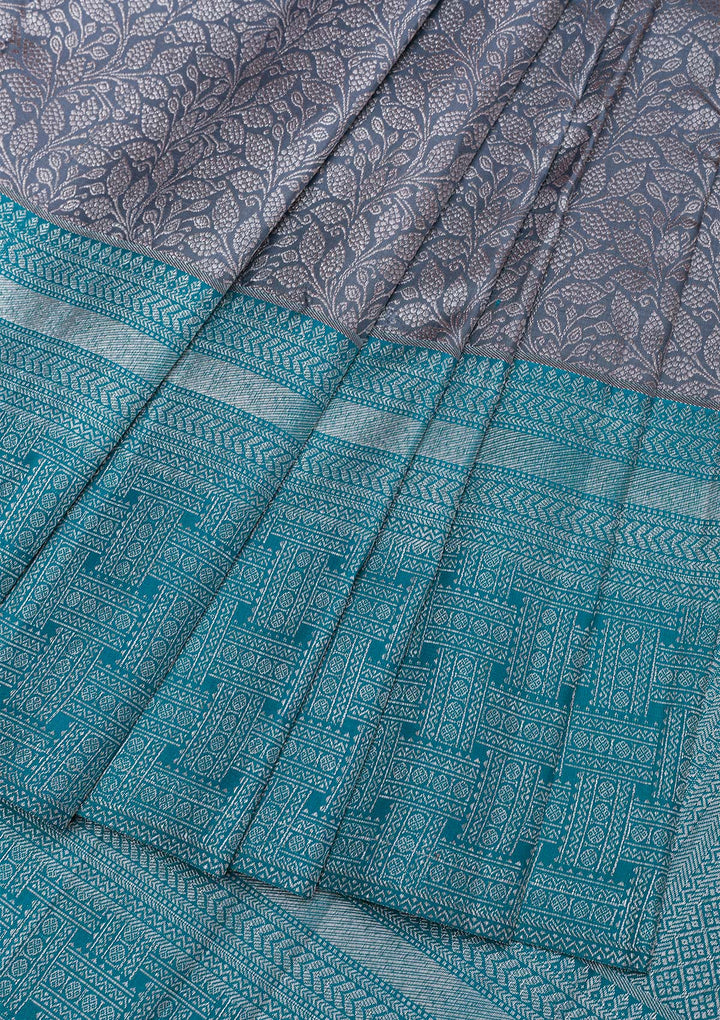 Dark Grey Silver Zariwork Kanjivaram Pure Silk Saree