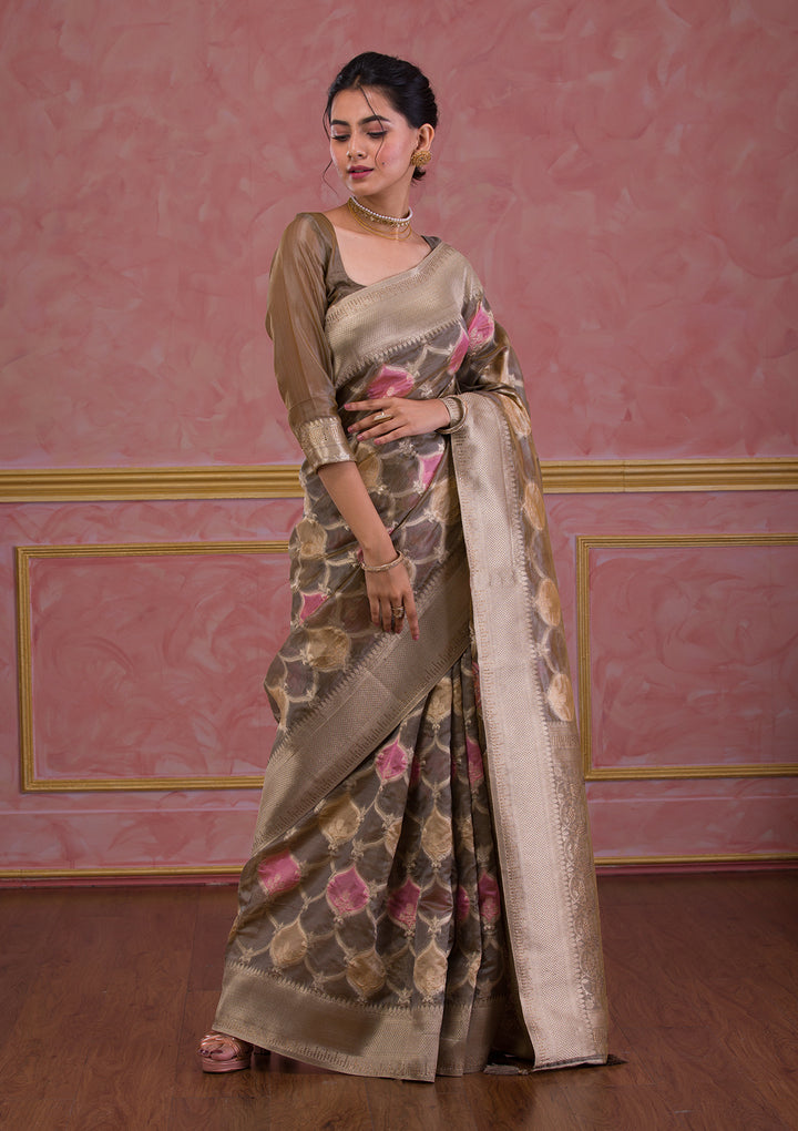 Dark Grey Swarovski Brocade Saree