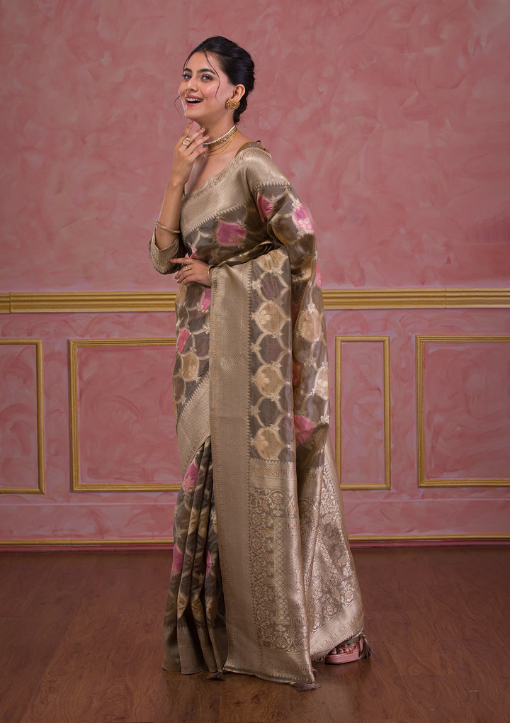 Dark Grey Swarovski Brocade Saree