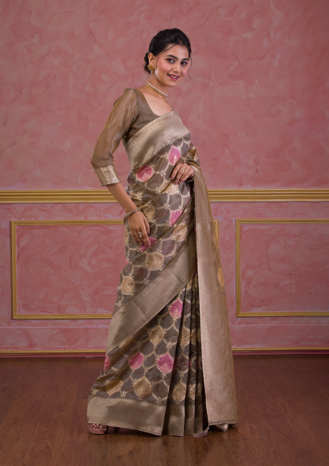 Dark Grey Swarovski Brocade Saree