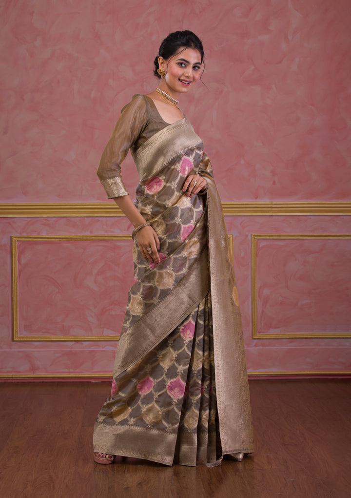 Dark Grey Swarovski Brocade Saree