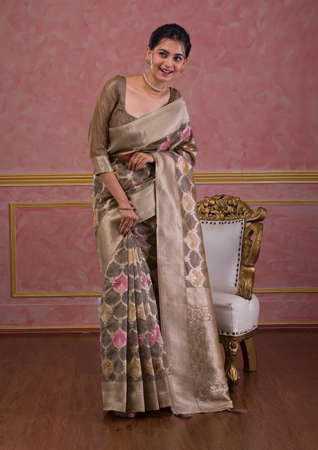 Dark Grey Swarovski Brocade Saree-Koskii