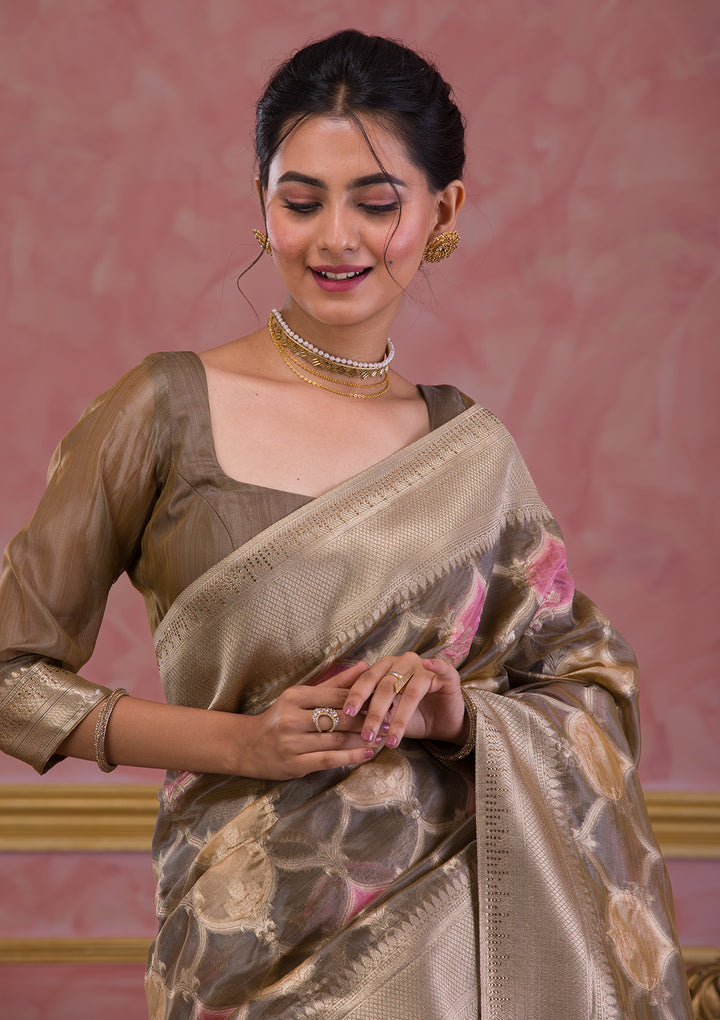 Dark Grey Swarovski Brocade Saree