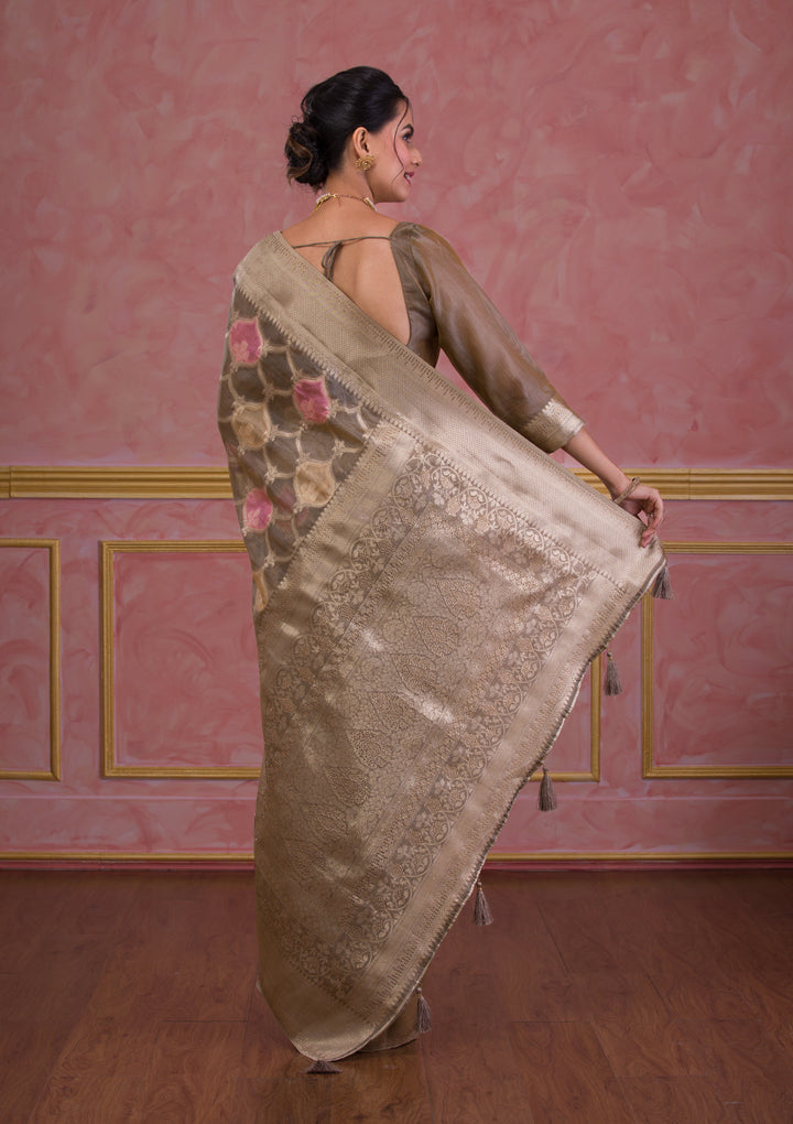Dark Grey Swarovski Brocade Saree