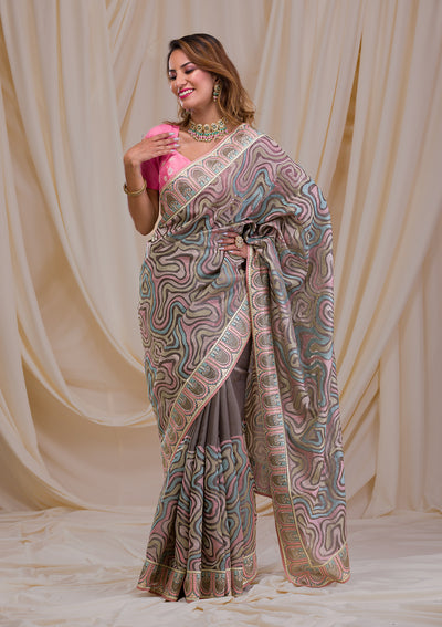 Dark Grey Swarovski Chiffon Saree-Koskii