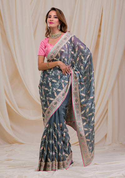 Dark Grey Swarovski Chiffon Saree-Koskii