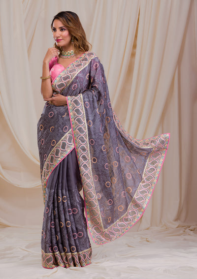 Dark Grey Swarovski Chiffon Saree-Koskii