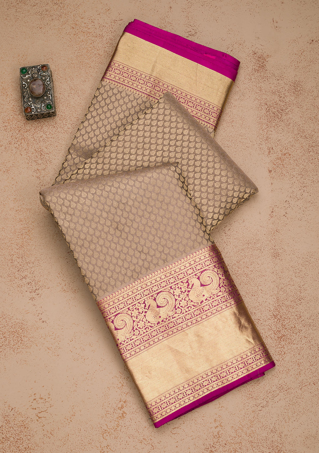 Dark Grey Zariwork Kanjivaram Pure Silk Saree