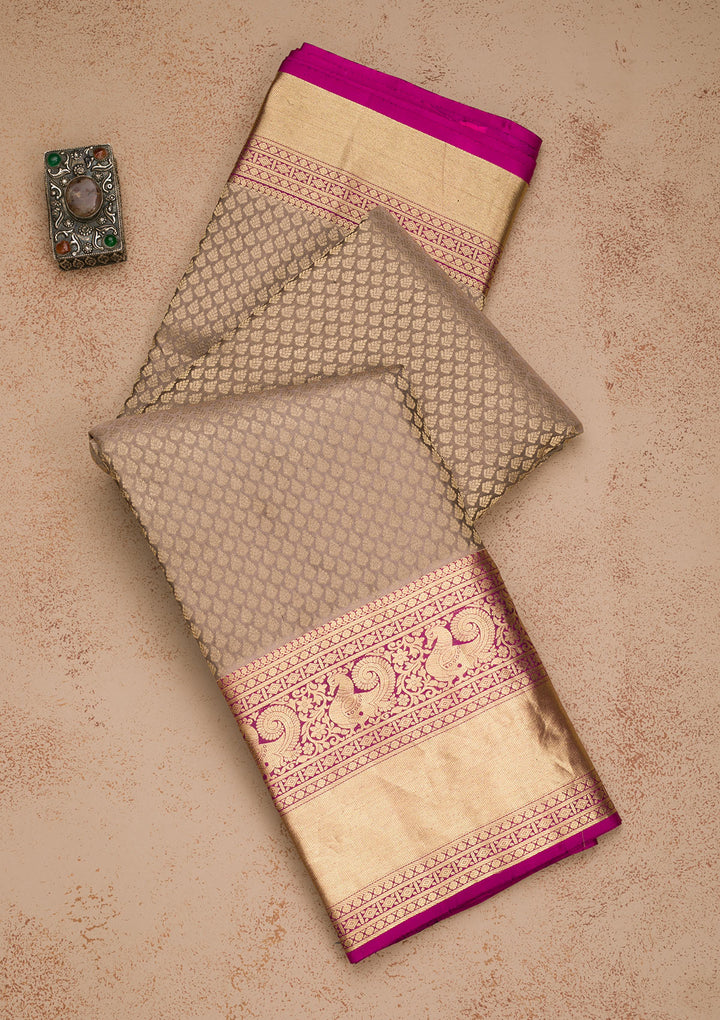 Dark Grey Zariwork Kanjivaram Pure Silk Saree