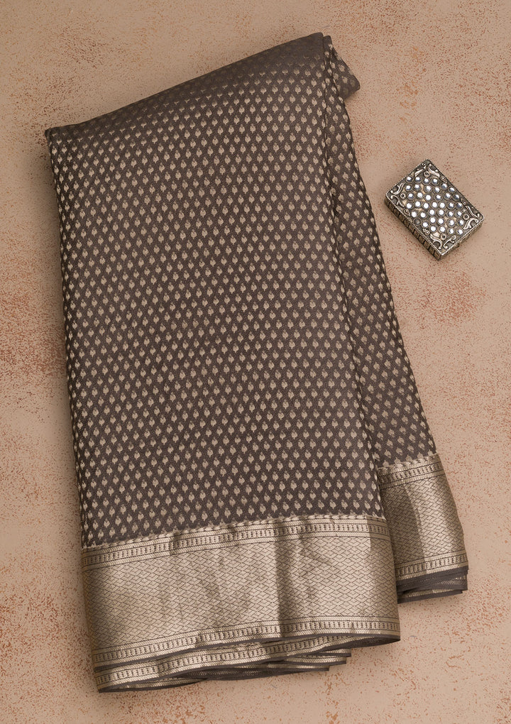 Dark Grey Zariwork Banarasi Pure Silk Saree