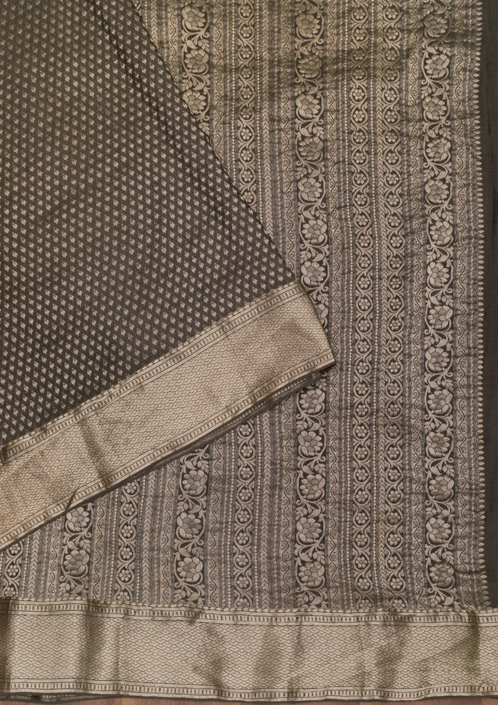 Dark Grey Zariwork Banarasi Pure Silk Saree