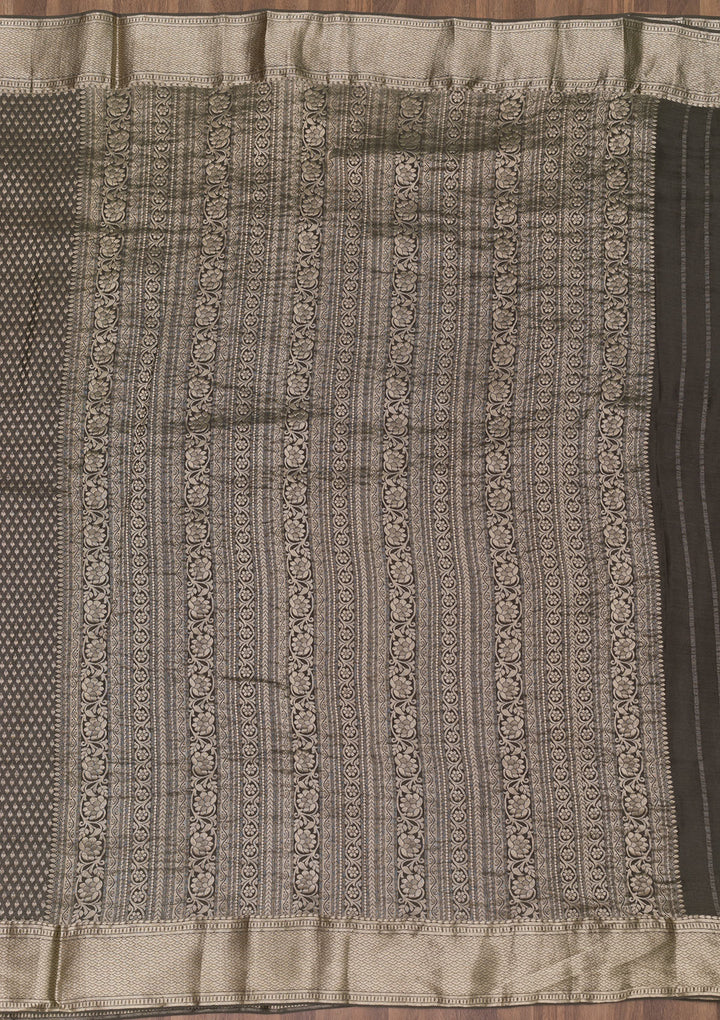 Dark Grey Zariwork Banarasi Pure Silk Saree