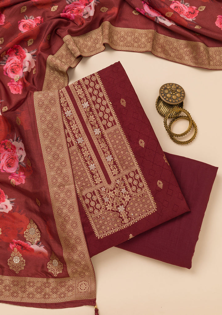Dark Maroon Zariwork Semi Crepe Unstitched Salwar Suit