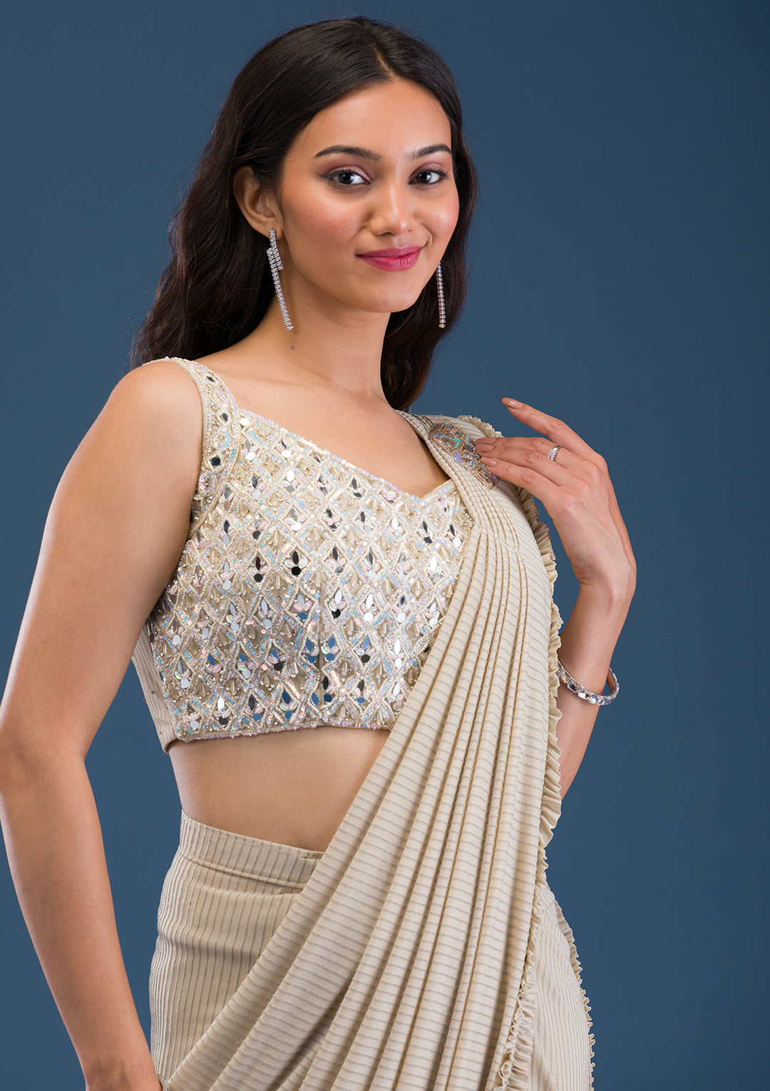 Gold Mirrorwork Lycra Readymade Saree