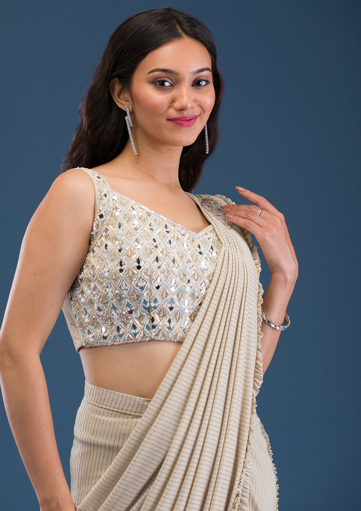 Gold Mirrorwork Lycra Readymade Saree