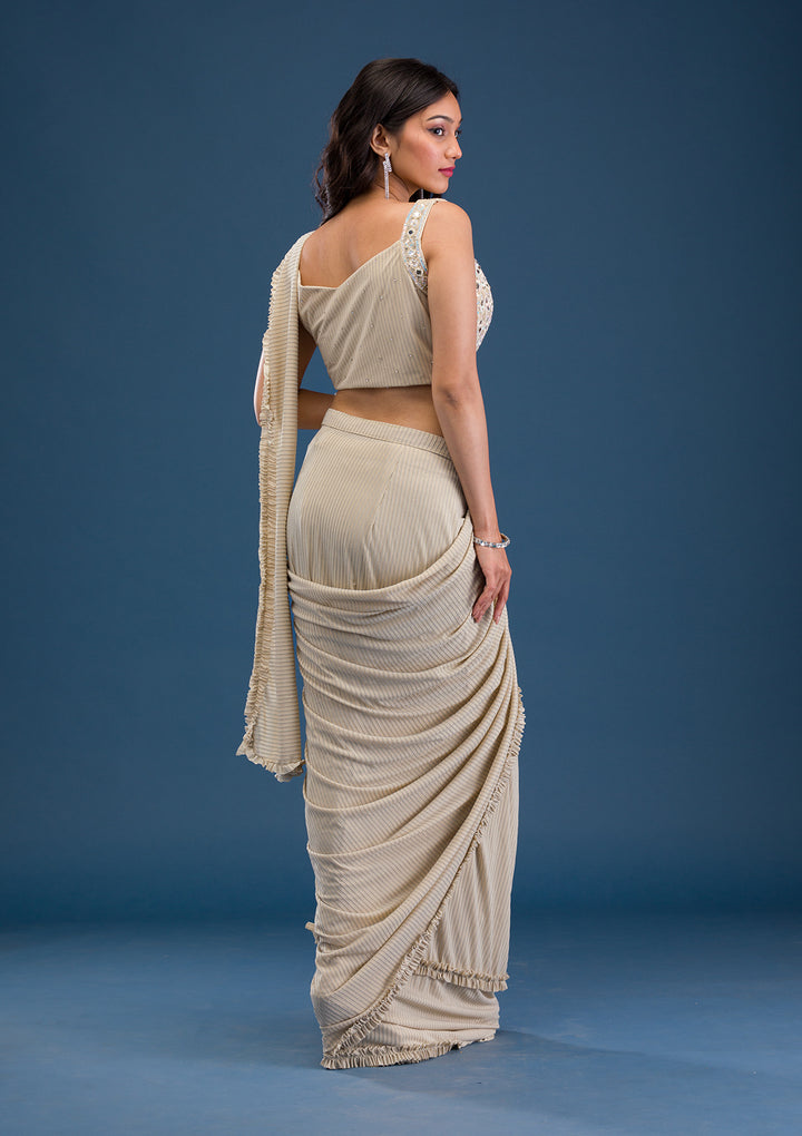 Gold Mirrorwork Lycra Readymade Saree