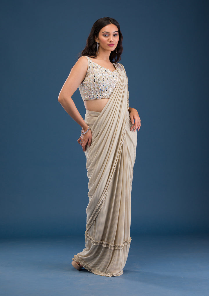Gold Mirrorwork Lycra Readymade Saree