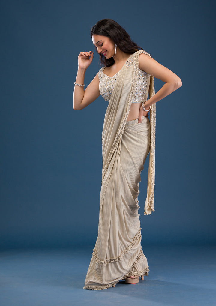 Gold Mirrorwork Lycra Readymade Saree