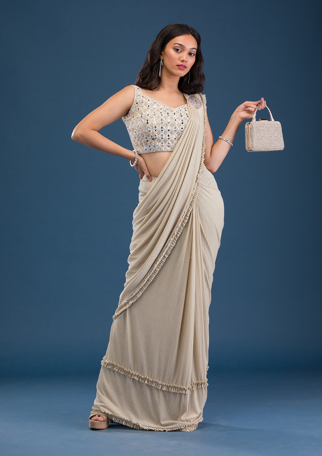 Gold Mirrorwork Lycra Readymade Saree