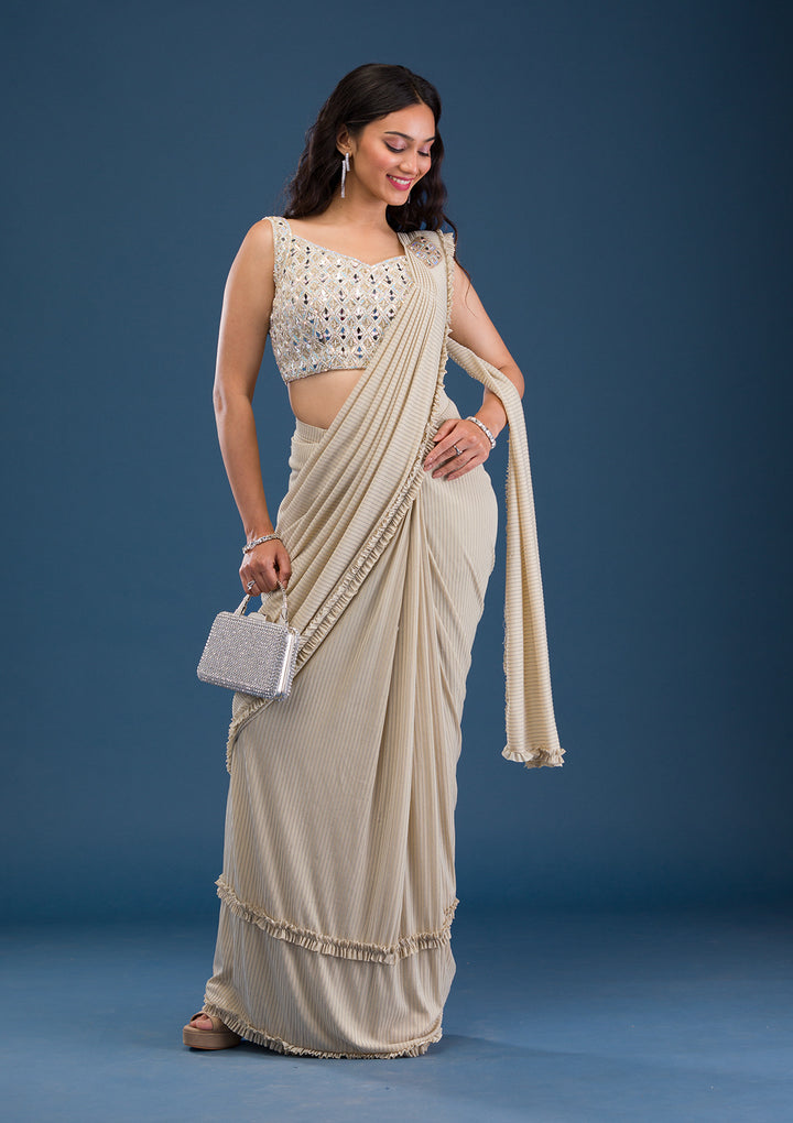 Gold Mirrorwork Lycra Readymade Saree