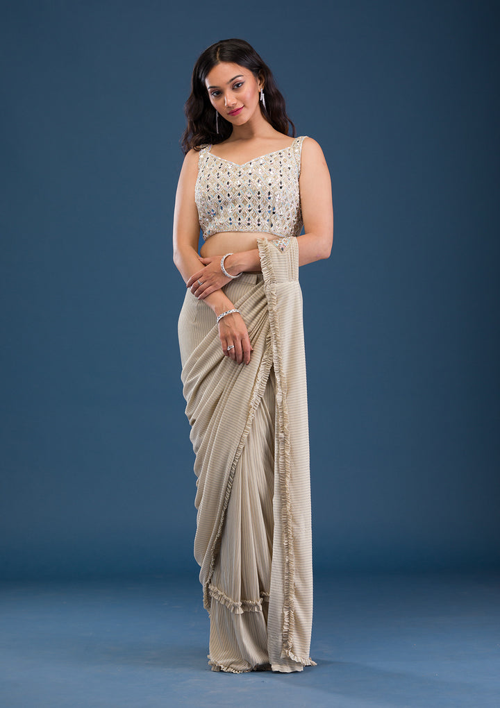Gold Mirrorwork Lycra Readymade Saree