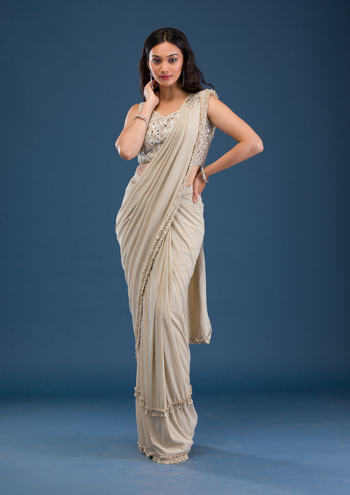 Gold Mirrorwork Lycra Readymade Saree