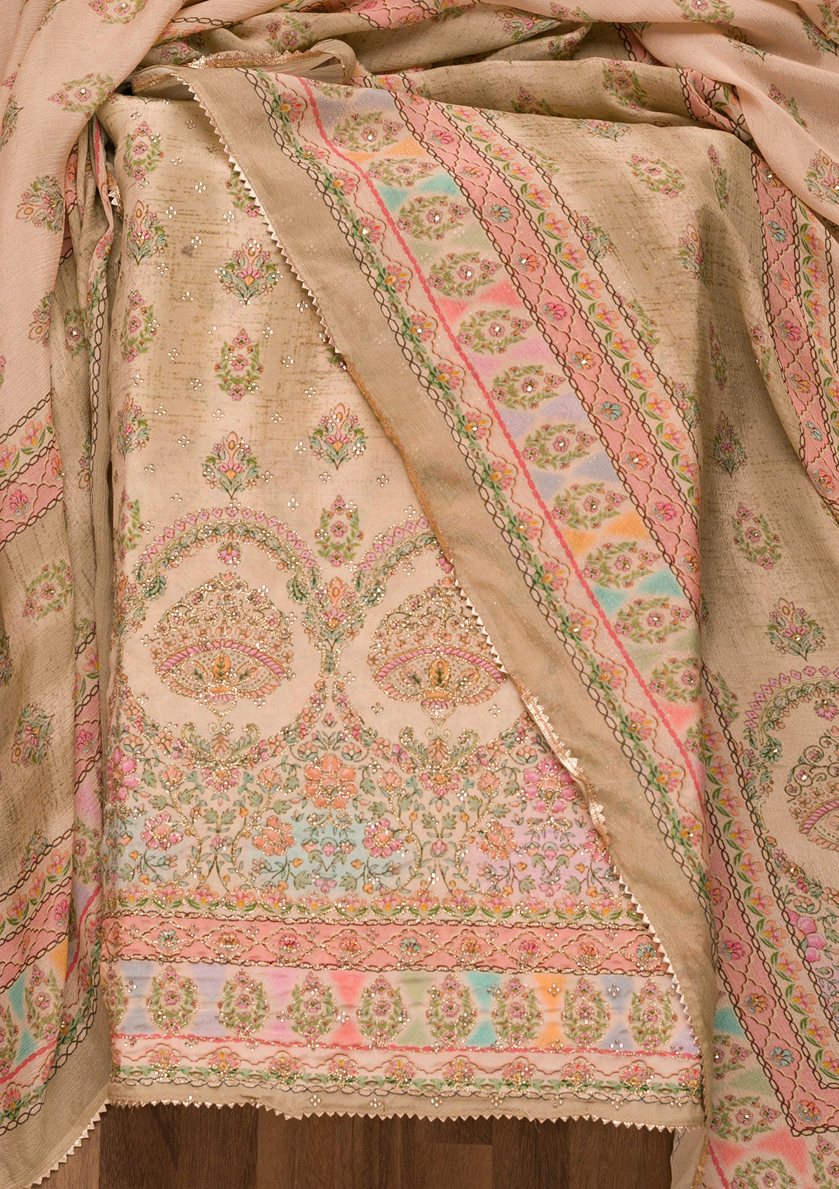Gold Printed Crepe Unstitched Salwar Suit