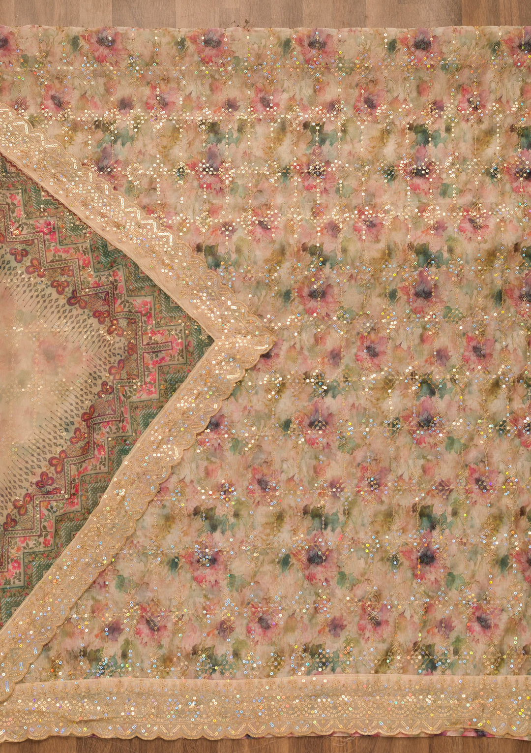 Gold Sequins Organza Unstitched Salwar Suit