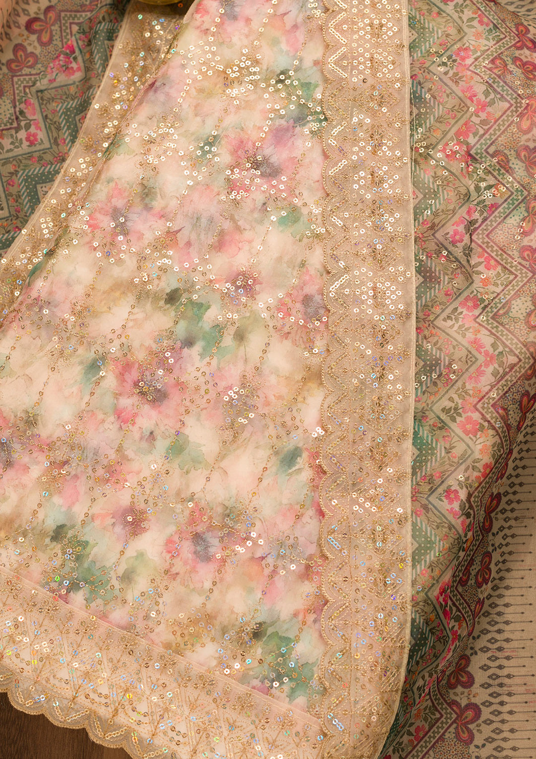 Gold Sequins Organza Unstitched Salwar Suit
