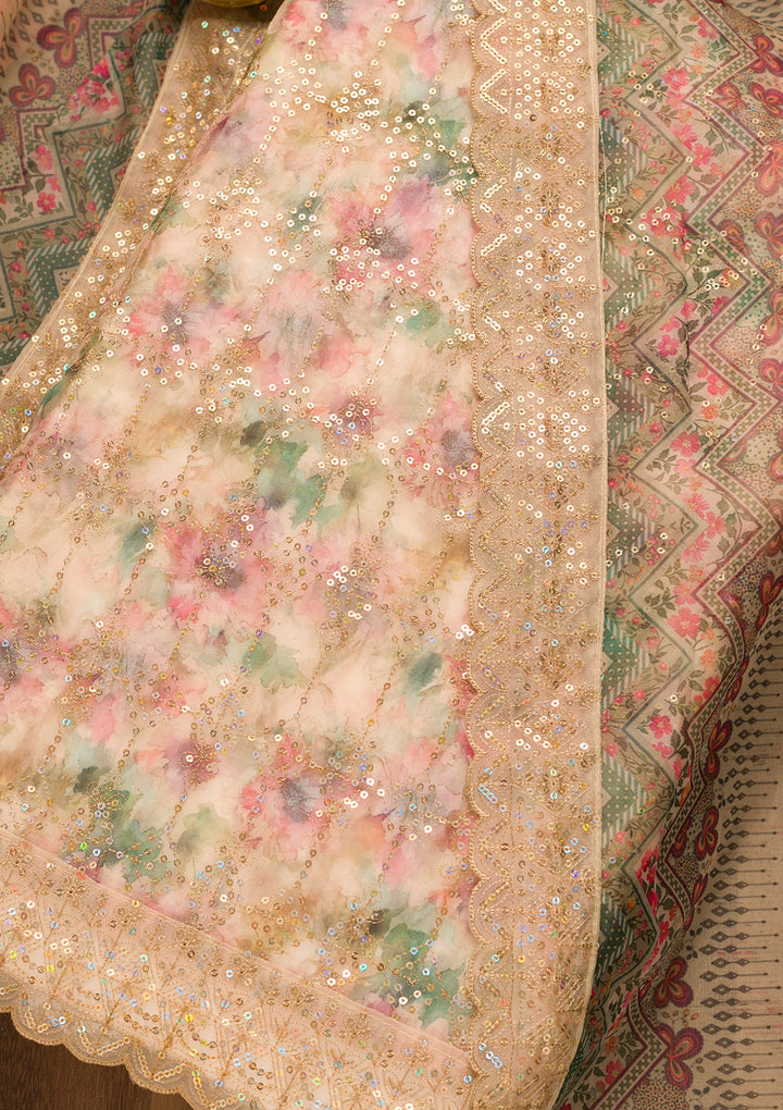 Gold Sequins Organza Unstitched Salwar Suit