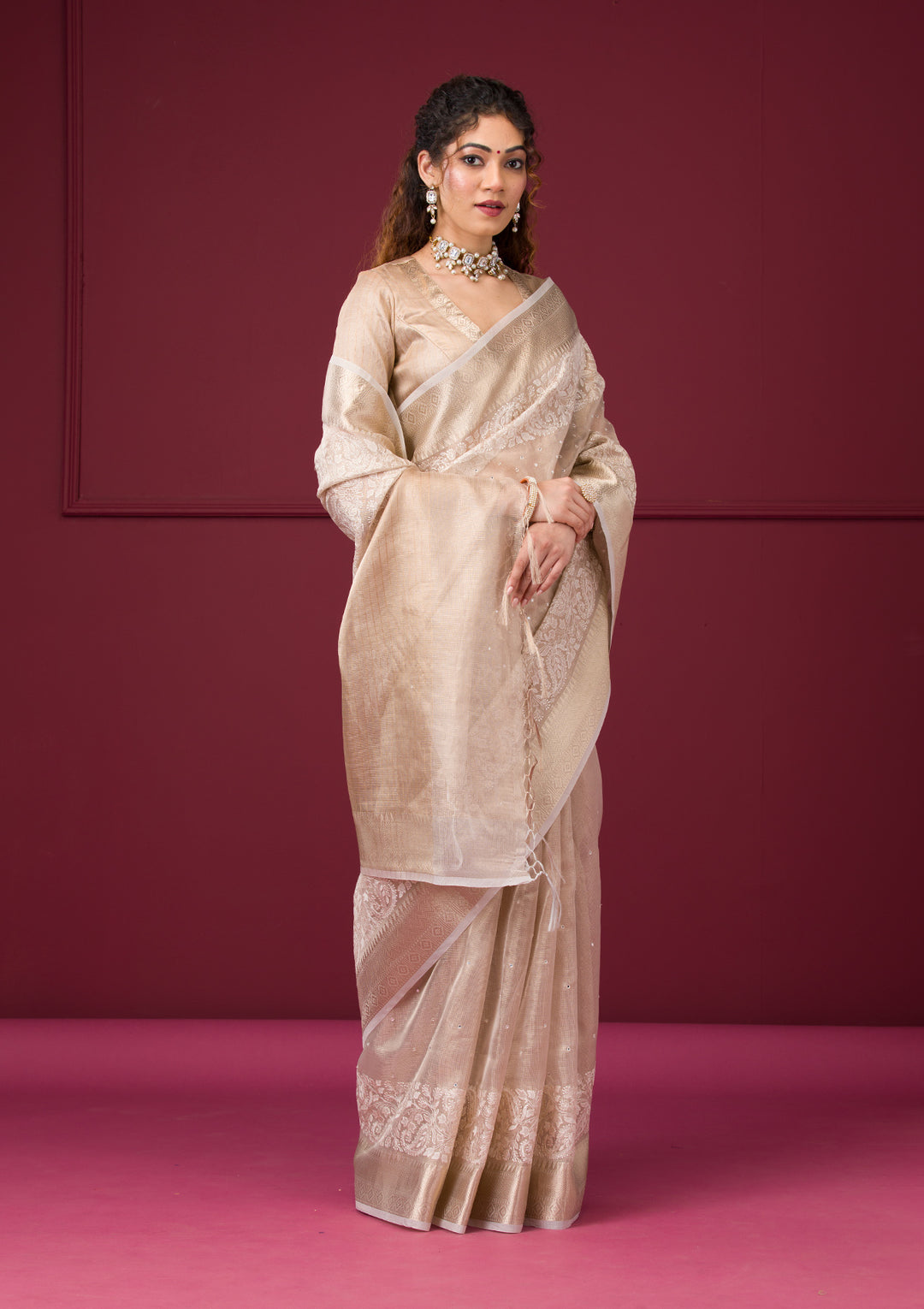 Gold Silver Zariwork Tissue Saree