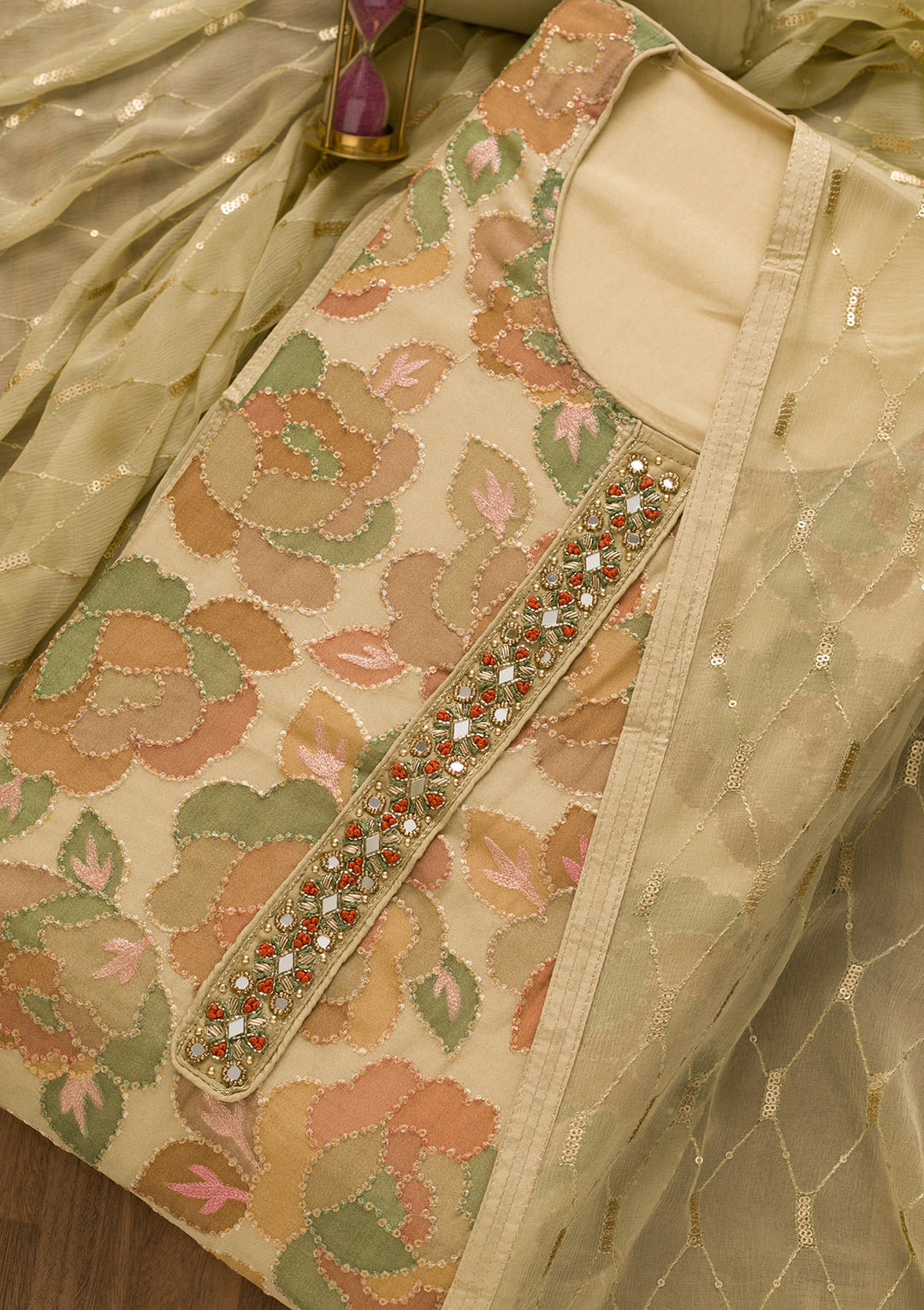 Gold Siquens Georgette Unstitched Salwar Suit-Koskii