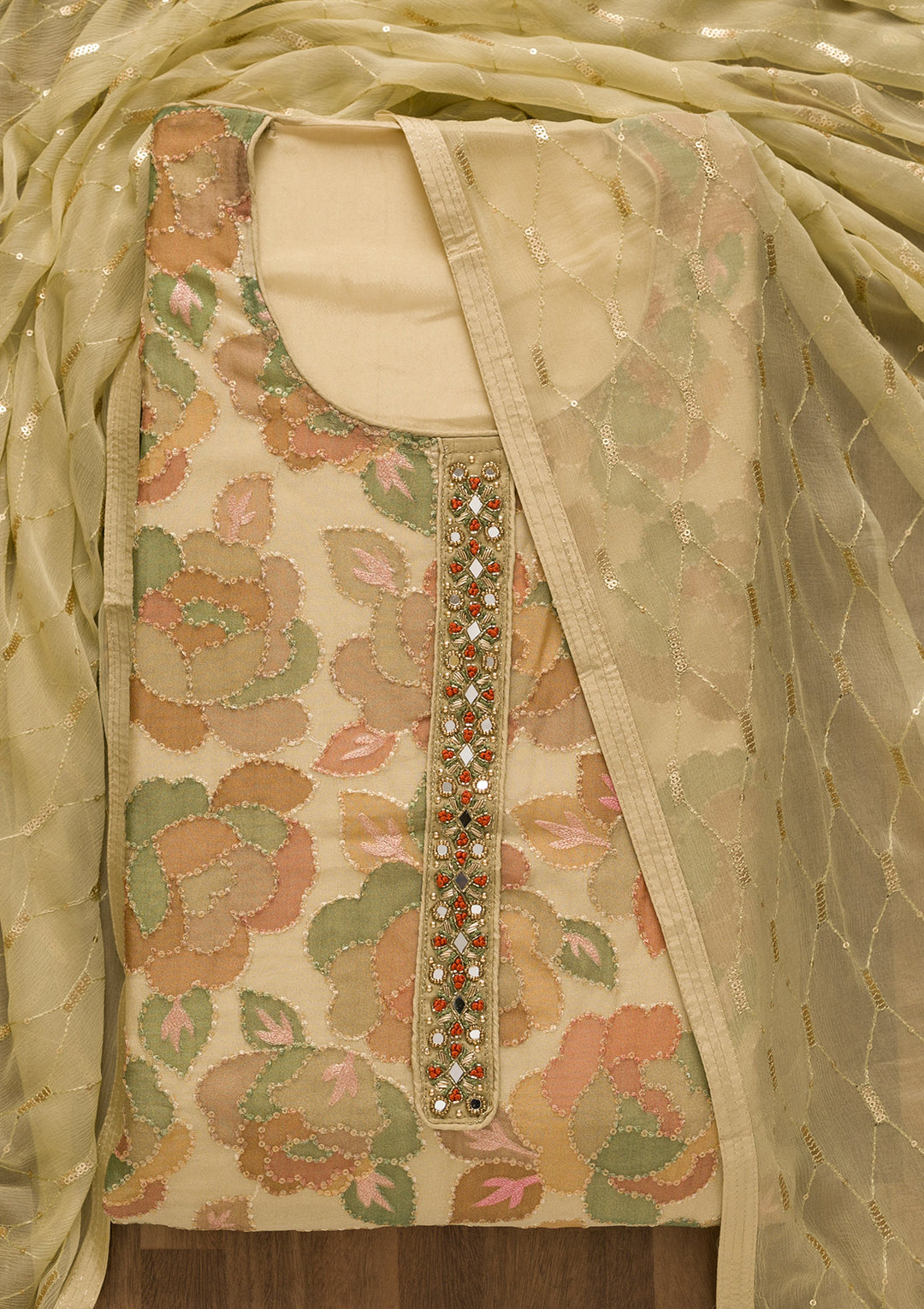 Gold Siquens Georgette Unstitched Salwar Suit-Koskii