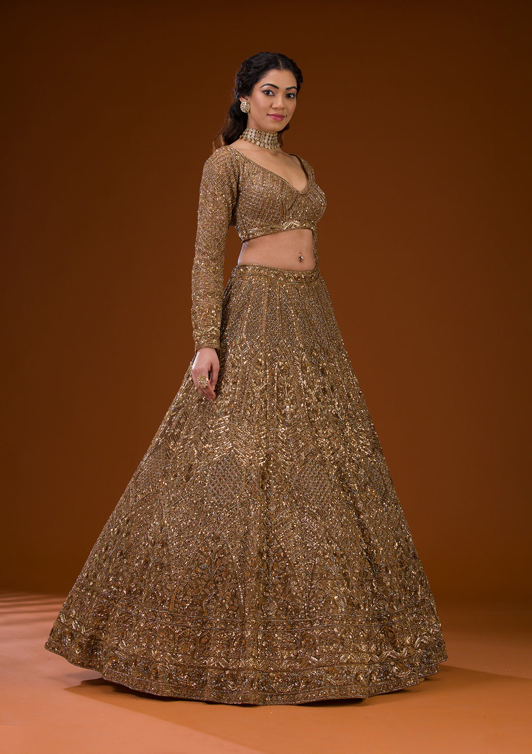 Gold Stonework Net Readymade Lehenga