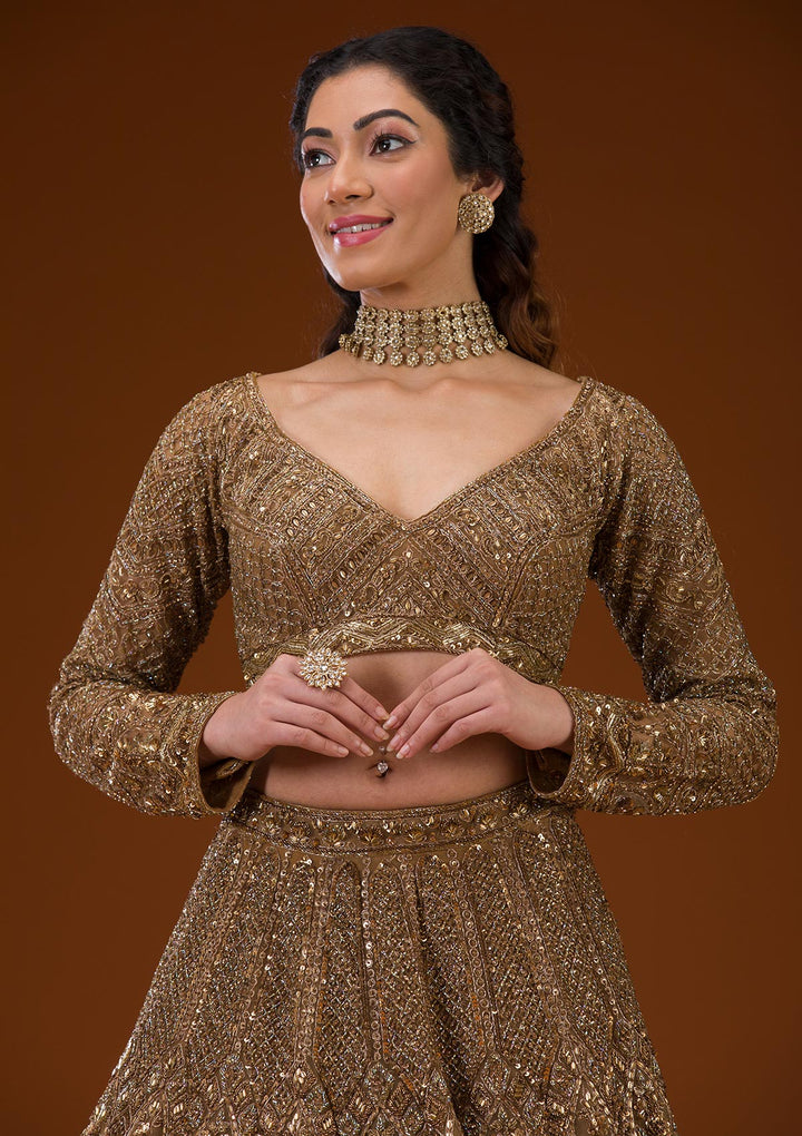 Gold Stonework Net Readymade Lehenga