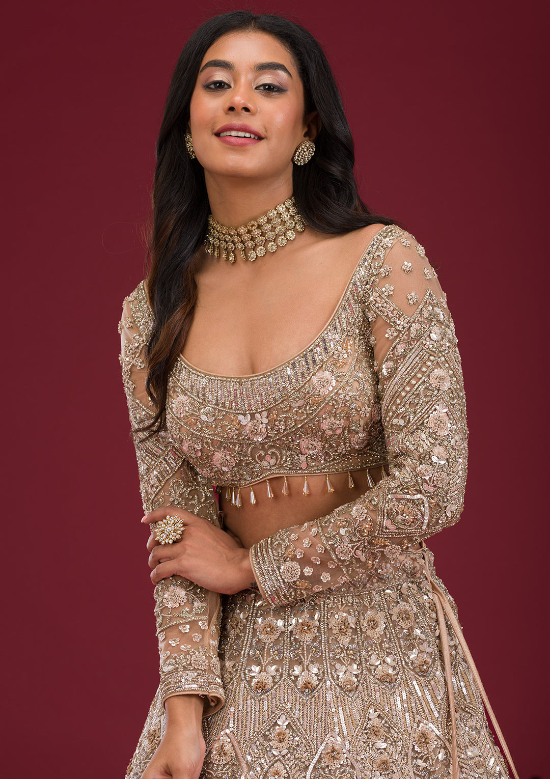 Gold Stonework Net Readymade Lehenga