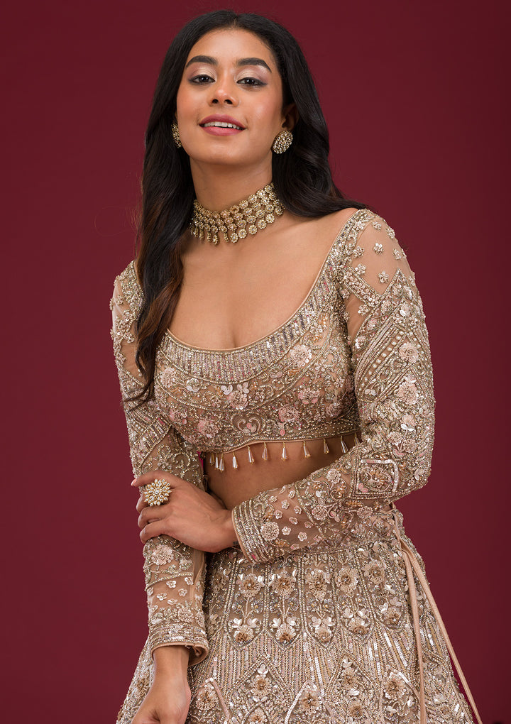 Gold Stonework Net Readymade Lehenga