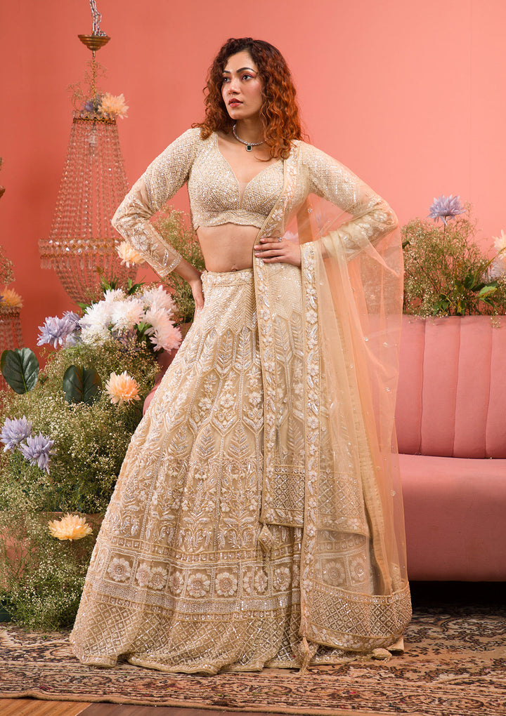 Gold Stonework Net Readymade Lehenga