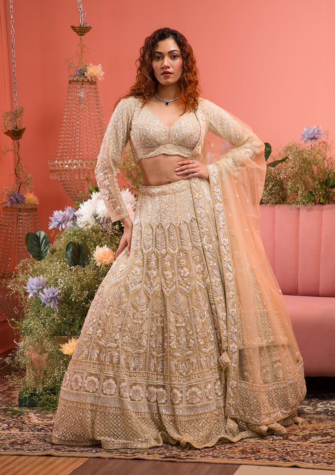 Gold Stonework Net Readymade Lehenga