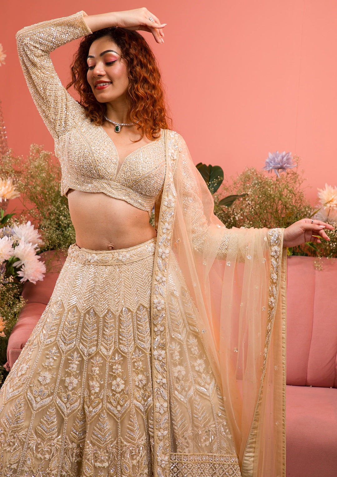 Gold Stonework Net Readymade Lehenga