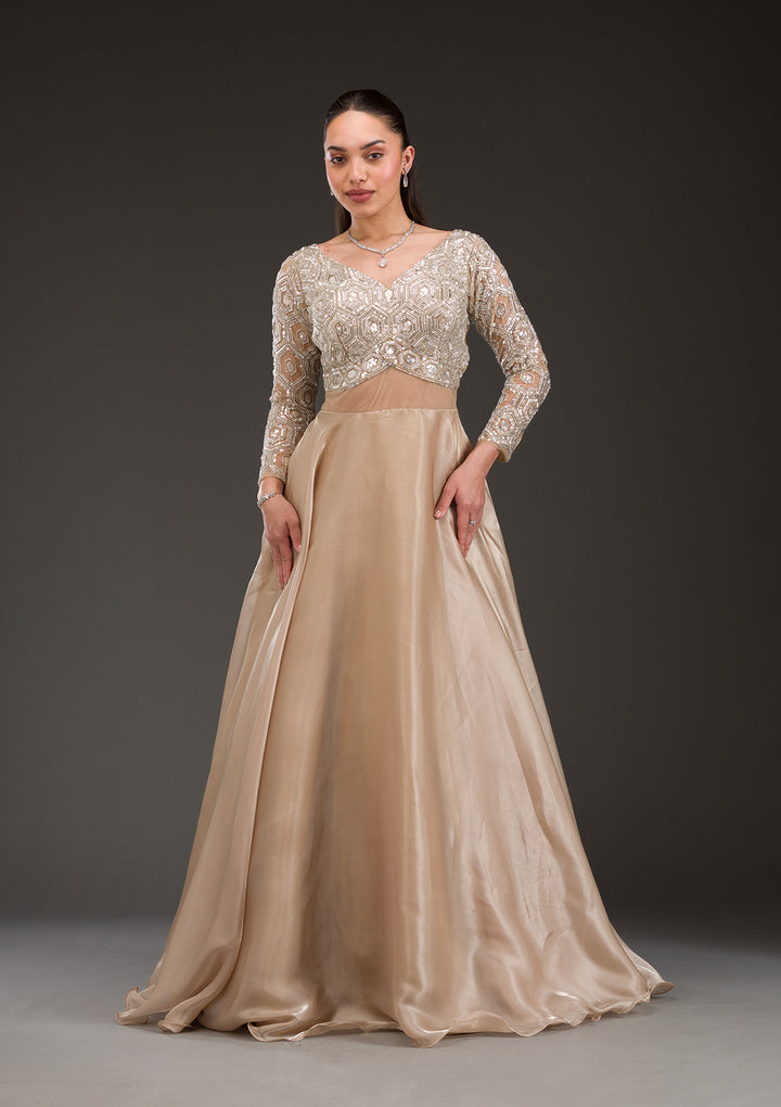 Gold Stonework Semi Crepe Gown