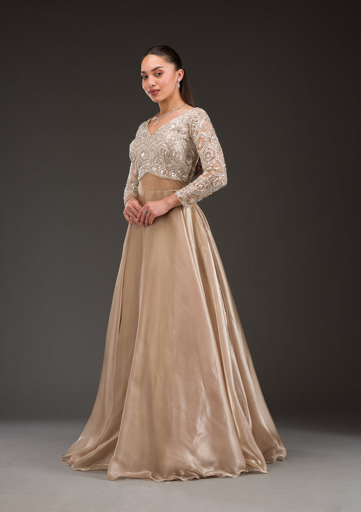 Gold Stonework Semi Crepe Gown