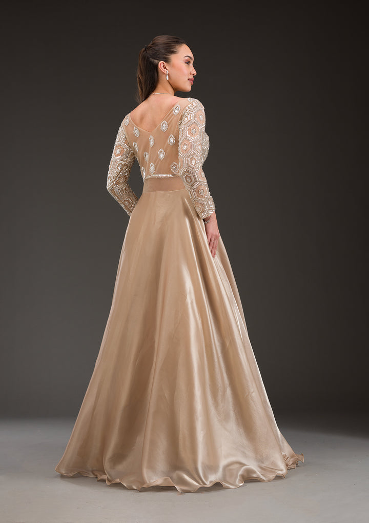 Gold Stonework Semi Crepe Gown