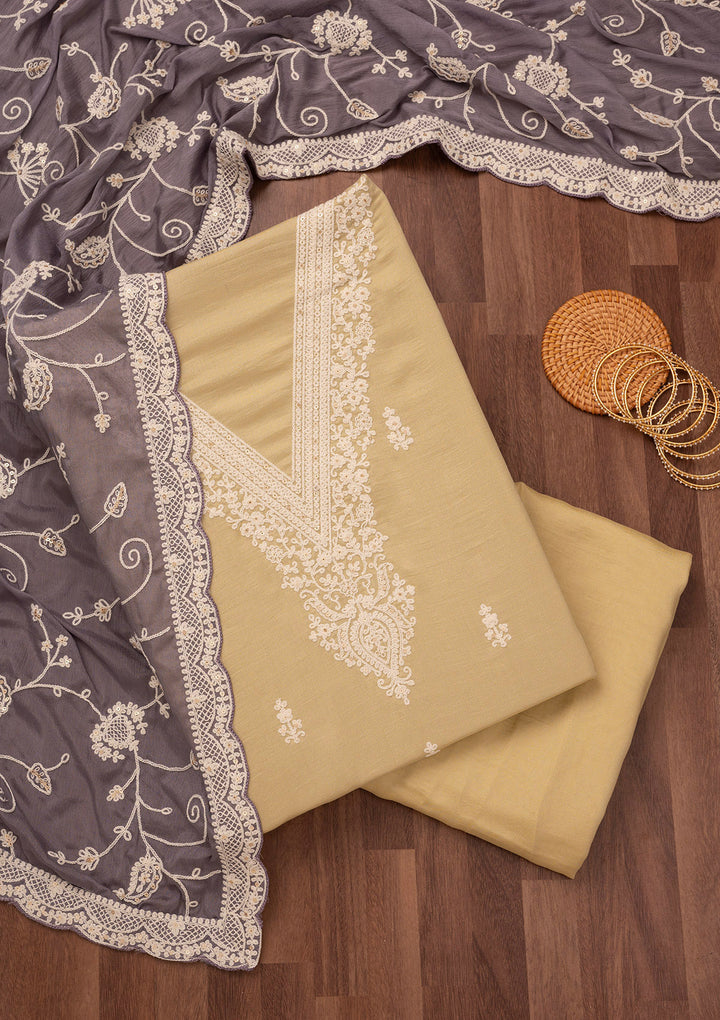 Gold Threadwork Art Silk Unstitched Salwar Suit