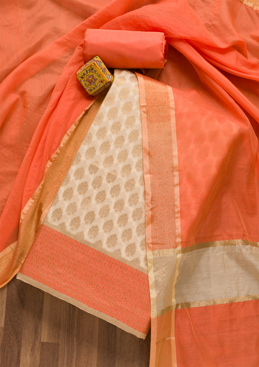 Gold Zariwork Brocade Unstitched Salwar Suit-Koskii