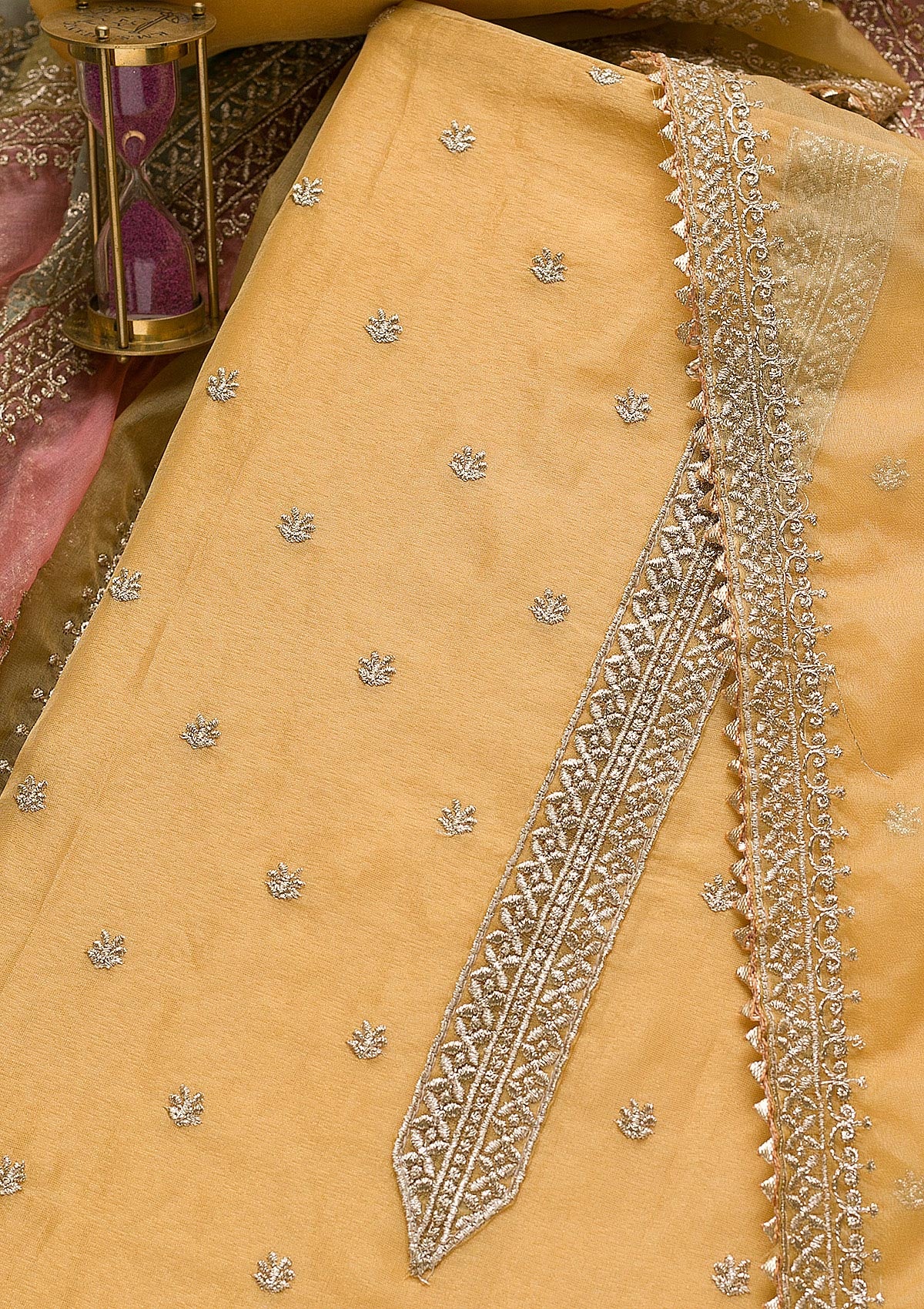 Gold Zariwork Organza Unstitched Salwar Suit