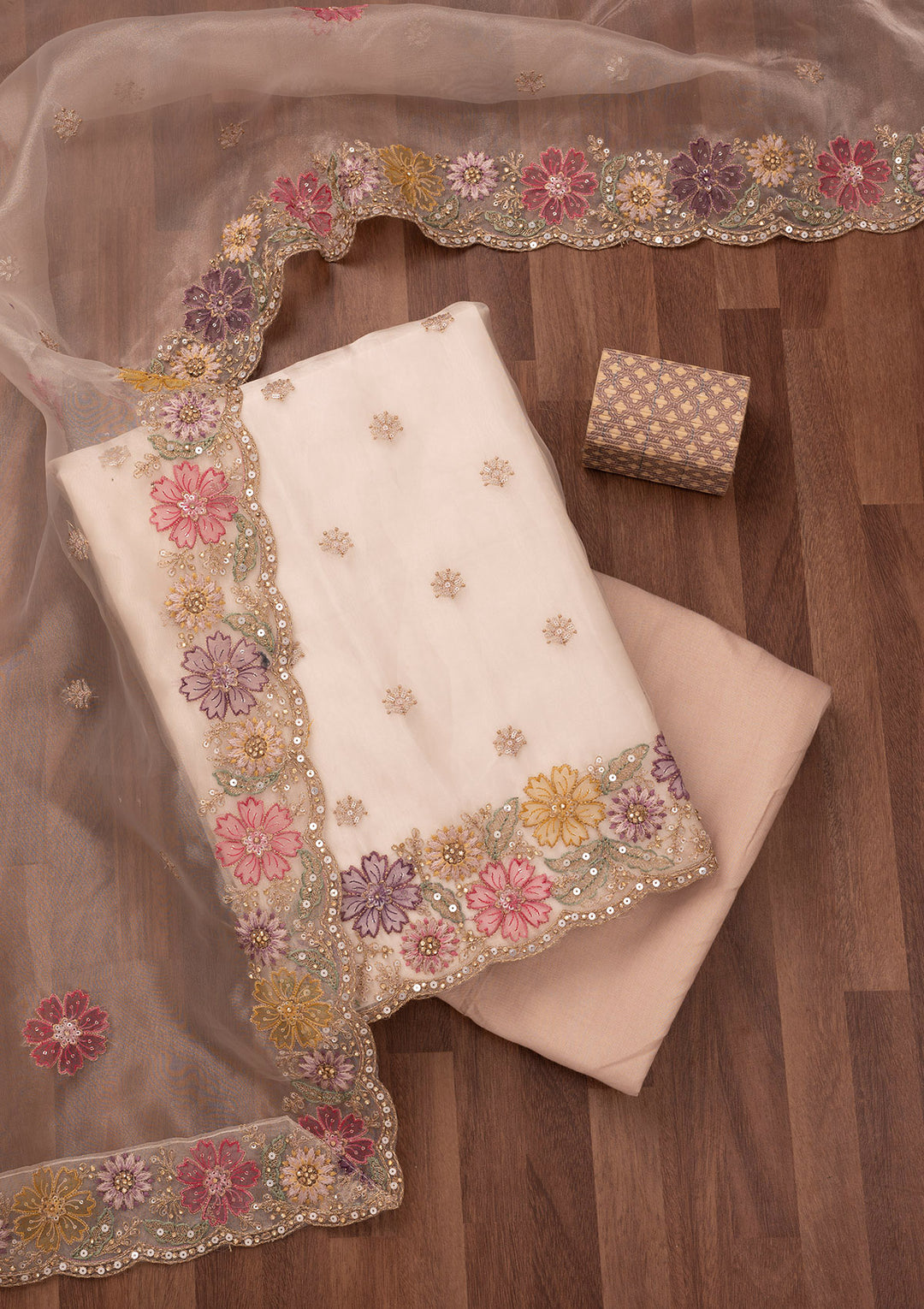 Gold Zariwork Semi Crepe Unstitched Salwar Suit