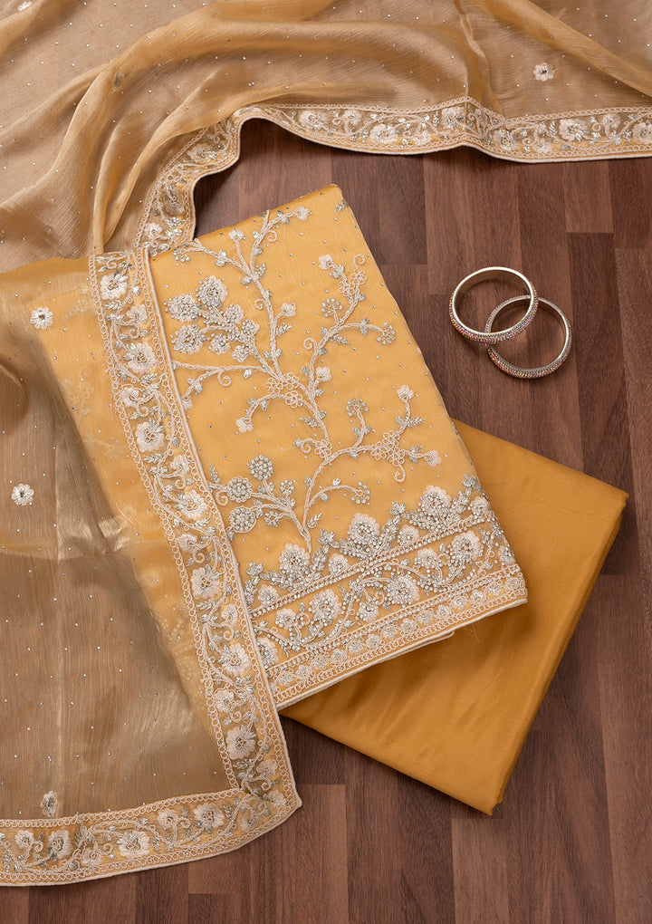Gold Zariwork Semi Crepe Unstitched Salwar Suit