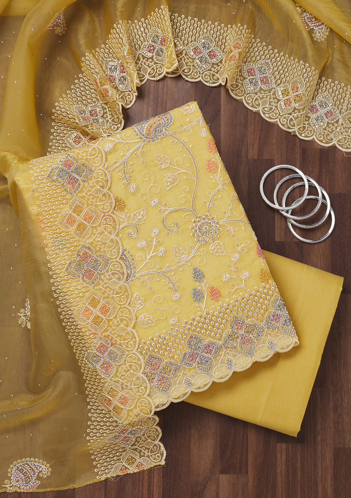 Lemon Yellow Zariwork Semi Crepe Unstitched Salwar Suit