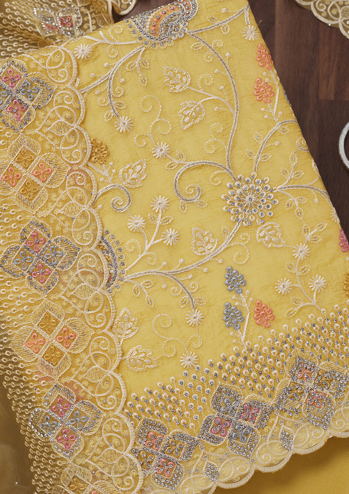 Lemon Yellow Zariwork Semi Crepe Unstitched Salwar Suit